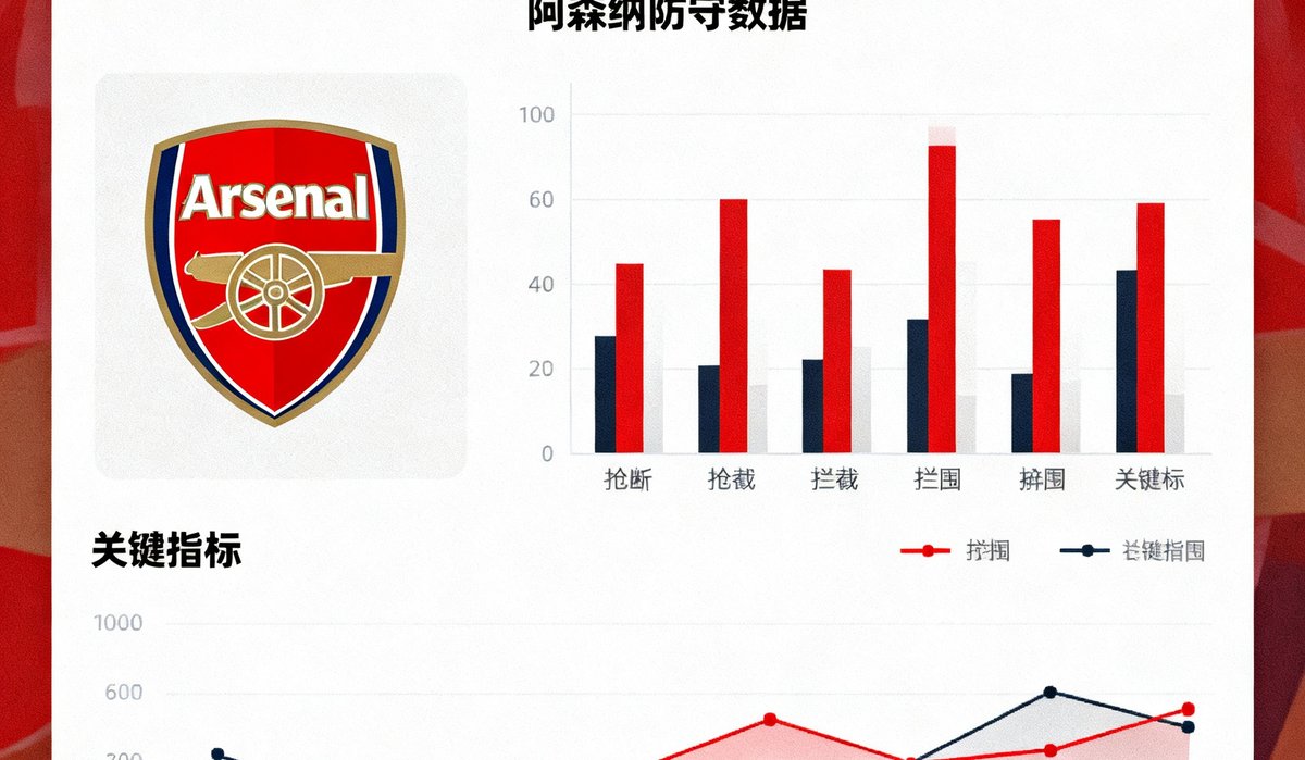 2024-25赛季英超数据报告封面，展示阿森纳防守数据图表和队徽