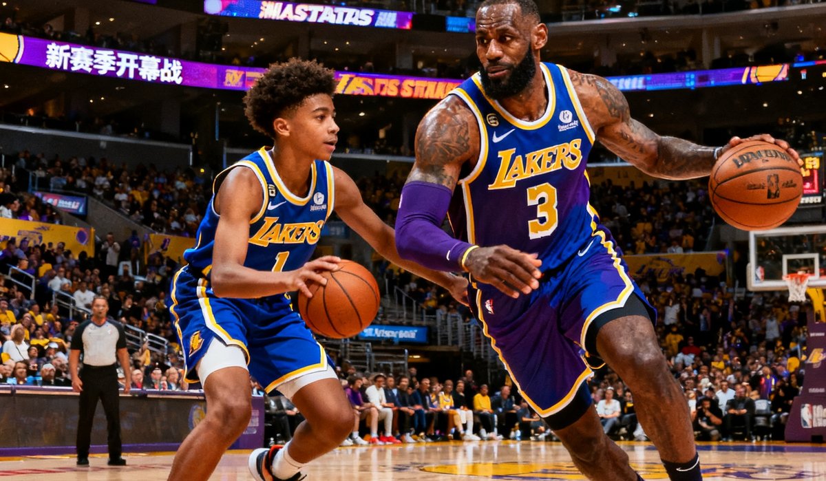 NBA新赛季开幕战，勒布朗·詹姆斯与儿子布朗尼在湖人主场并肩作战